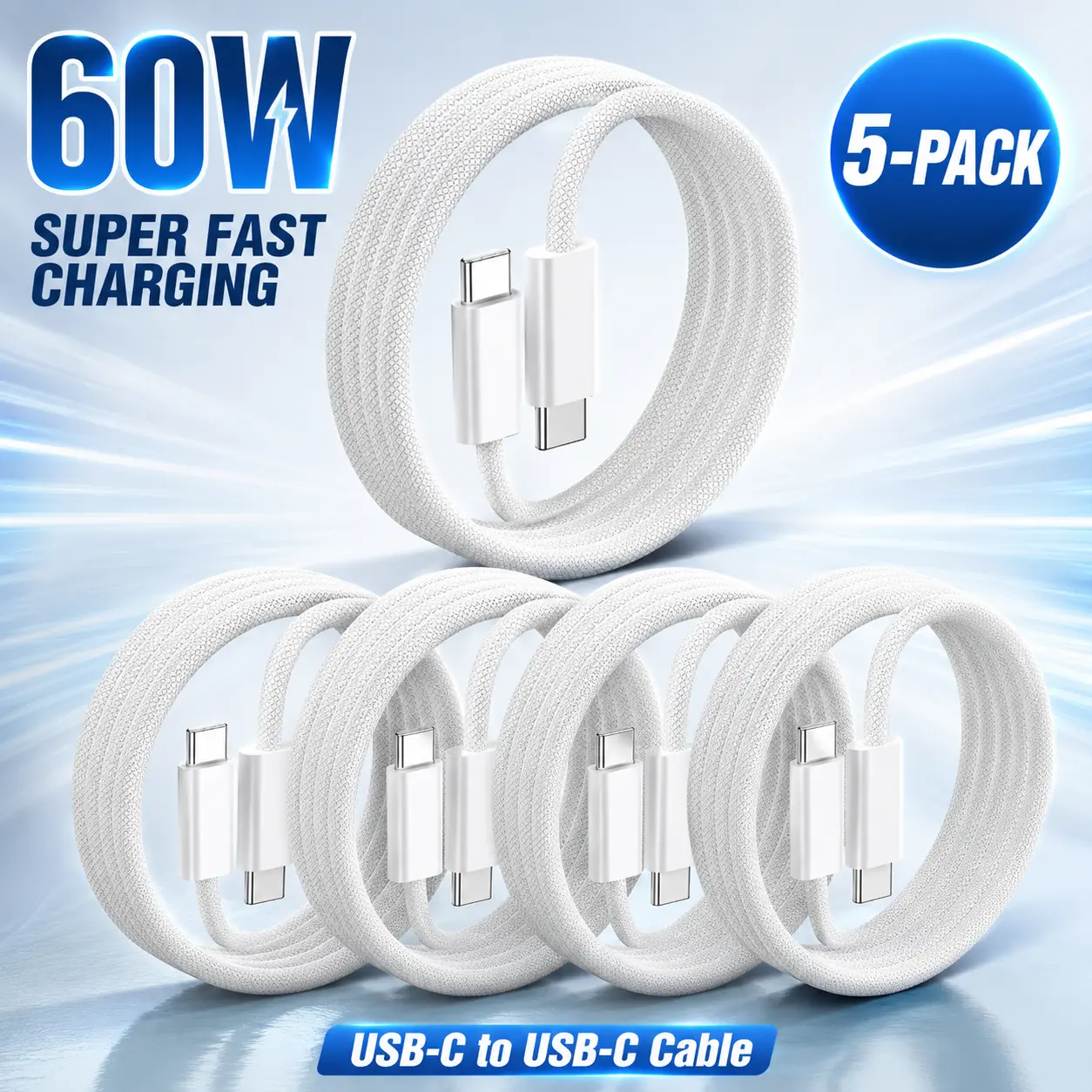 5-Pack USB C Cable, 5Pack 3.3ft/10ft USB C to USB C Cable 60W(3A) Nylon Braided Type C Fast Charging Cord for iPhone 17 Air 16 15 Plus Pro Max, MacBook Pro, iPad Pro Air, Samsung S24/S24 Ultra/S23