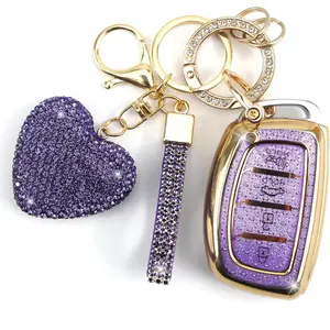 Key Fob Cover with Diamond Keychain Fit for Hyundai Car Key Holder Case Compatible with Elantra Ioniq Sonata Tucson Elantra GT Smart Remote Key Protector for Women, 4 Buttons (Purple-Heart)