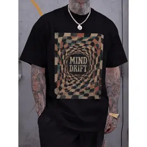 Retro Mind Drift Psychedelic Graphic Tee Printed Tee Black Optical Illusion Vortex Checker Pattern In Earth Tones Brown Teal Rust Vintage Trippy Aesthetic Tee Unisex Top Streetwear Style Casual Wear Summer Shirt Trendy Soft Fabric