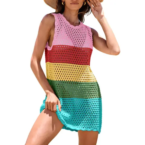ANRABESS  Womens Crochet Swimsuit Beach Cover Up 2026 Sleeveless Mesh Knit Bathing Suit Swim Coverups Mini Dress