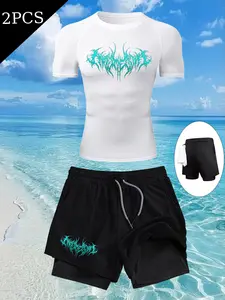 Men's Summer Sports Set, Tight Fit Short Sleeve + Multi-Pocket Double Layer Shorts, Blue Thorn Letter Print, Breathable Quick-Dry Gym Wear, Sporty Style Outfits