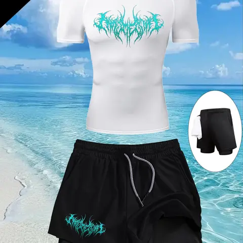 Men's Summer Sports Set, Tight Fit Short Sleeve + Multi-Pocket Double Layer Shorts, Blue Thorn Letter Print, Breathable Quick-Dry Dry Fit Stretch Gym Wear, Exercise Clothing Set, Athletic Sportswear, Athletic Clothes, Summer Fitness Outfit