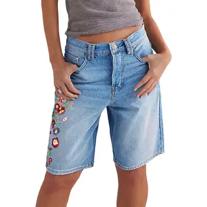 Flamingals Wash Floral Embroidery Mid Rise Denim Bermuda Shorts Stretchy 11.0'' Inseam