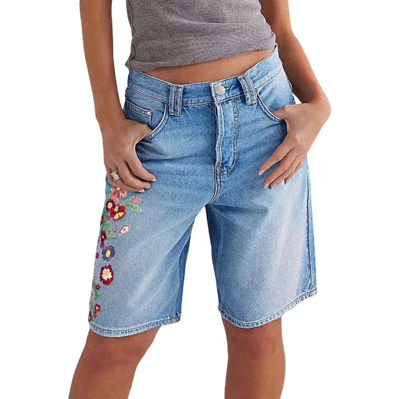 Flamingals Wash Floral Embroidery Mid Rise Denim Bermuda Shorts Stretchy 11.0'' Inseam