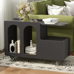 【GOOGREAT】ON-TREND Mobile End Table with lockable wheels, Cream Style Side Table with Storage Drawer, 11.8inch Narrow Nightstand with Multi-layer Storage, Living Room, Black