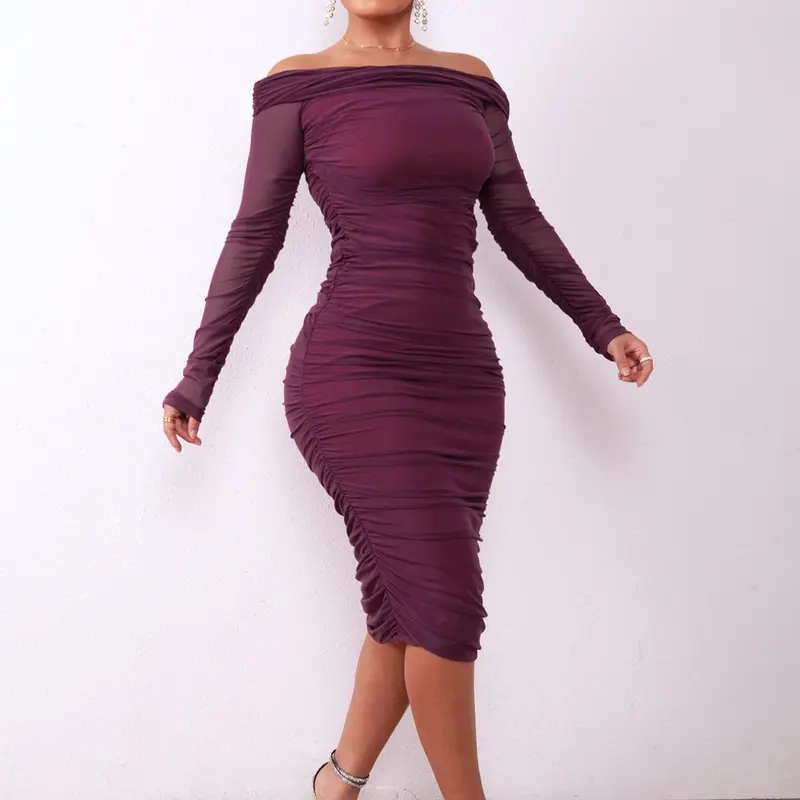 Women's Ruched Off Shoulder Bodycon Dress, Elegant Long Sleeve Knee Length Dress, Minimalist Basic Date Night Outfits, Elegant Formal Dress, Valentine's Day Gift for Girl