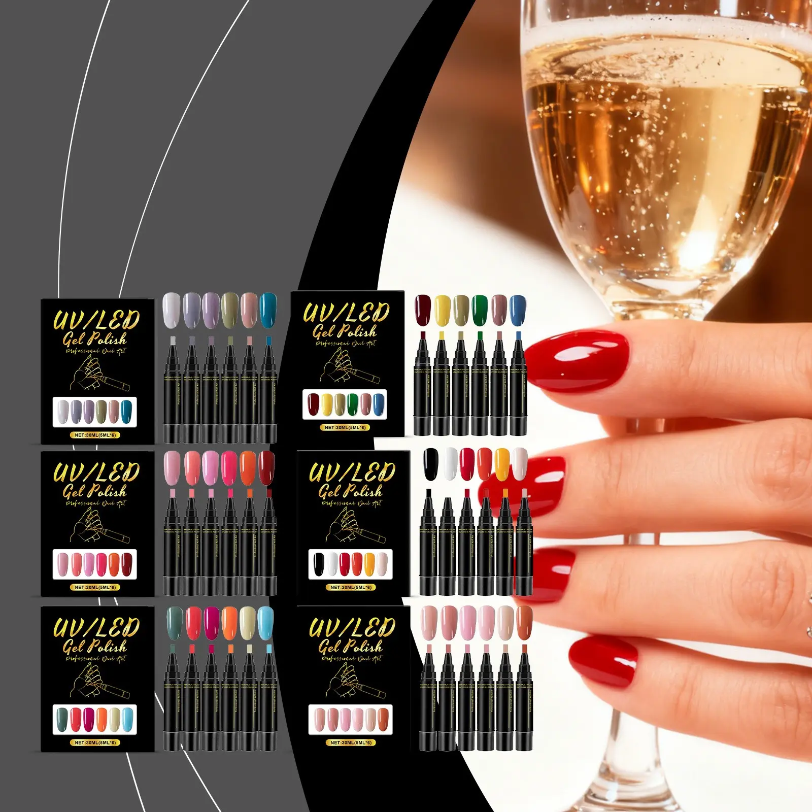 1 box of 6 multicoloured nail gel pens, specially for home DIY nail art, Multicolor Nail Polish Pens Set, not easy to fade or smudge, suitable for daily use, Smooth Easy Application, Cosmetic Manicure, UV Gel Set, Nail Products