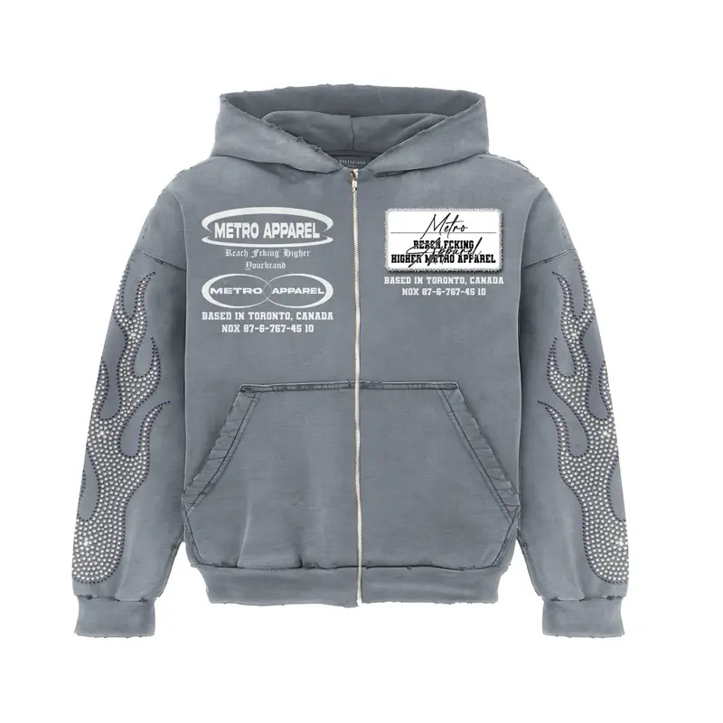 Metro Apparel "Blaze" Hoodie - Gray with Rhinestone Flames, Zipper Front, and Pockets, Based in Atlanta, Georgia