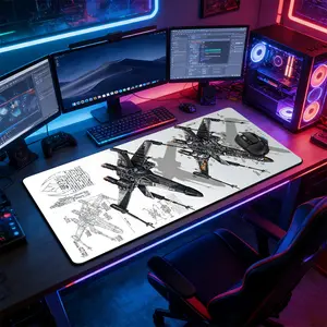 Vintage Fighter Craft Schematics Extended Mouse Pad, Non-Slip Rubber Base Stitched Border, Technical Drawing Art Style, Durable Gaming Desk Mat for PC Setups, Great Gift for Sci-Fi Enthusiasts