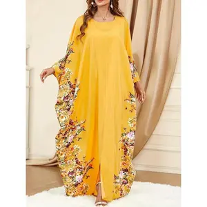 Floral Print Crew Neck Kaftan Abaya, Elegant Batwing Sleeve Split Maxi Dress, Women's Clothing