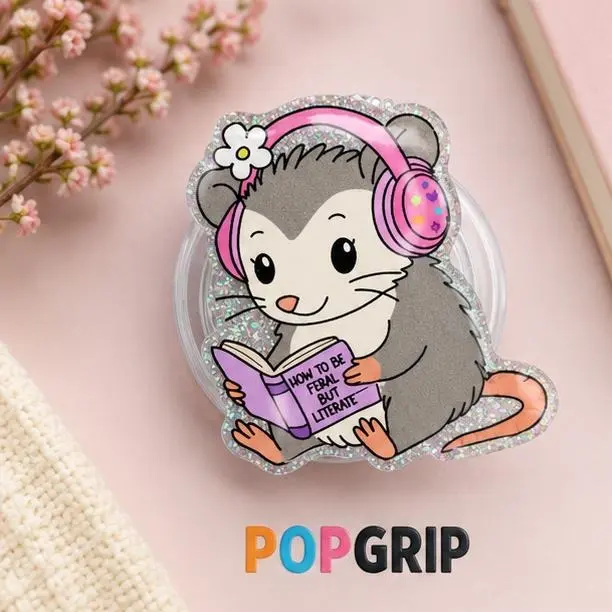 2D Acrylic Phone Grip Aesthetic Possum Design, Funny Book Reader Phone Stand Holder, Universal Mobile Accessory for All Phones