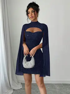 Elegant European Style Round Neck Pleated Pearl Chiffon Cape Bodycon Dress, Women's Fashionable Formal Party Gown, Summer Wear