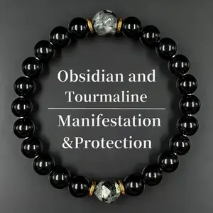 Obsidian & Black Tourmaline Bracelet - Manifestation & Protection Prosperity Crystal Beads Jewelry for Men & Women, Christmas Gift, Gifts for Mother's Day, Valentine's, Birthday, Anniversary, Black Grounding Stone Beaded Bracelet summerwins FathersDayGift