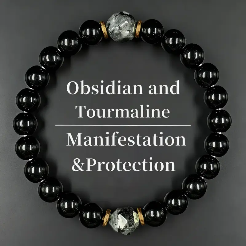 Unisex 8mm Obsidian & Black Tourmaline Grounding Stone Bracelet - Casual Natural Crystal Bead Men's Jewelry, Protection Manifestation Piece, Prosperity Guys Gift for Boyfriend, Mens Christmas Gift Ideas