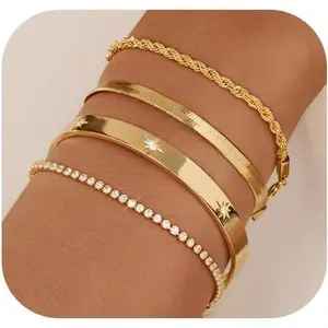 Gold Bracelets for Women 14K Gold Plated Stack Trend Bracelets Charm Paperclip Chain Cuban Link Layered Waterproof Bracelet Dainty Bracelet for Women Jewelry Gifts