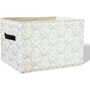 Coquette Blue Bow Floral Basket Bins With Handles for Girls Kids, Bow Floral Pattern Foldable Laundry Basket for Girls Room Nursery Bedroom Clothes Toys Books