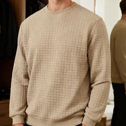 Men's White Waffle Round Neck Knit Sweater, Knitwear, Crew Neck & Long Sleeve Design, Soft Breathable for Spring Fall Casual, Office & Daily Wear – Slim Fit, Ribbed Cuffs/Hem, Thermal Texture, Soft Knit Tops