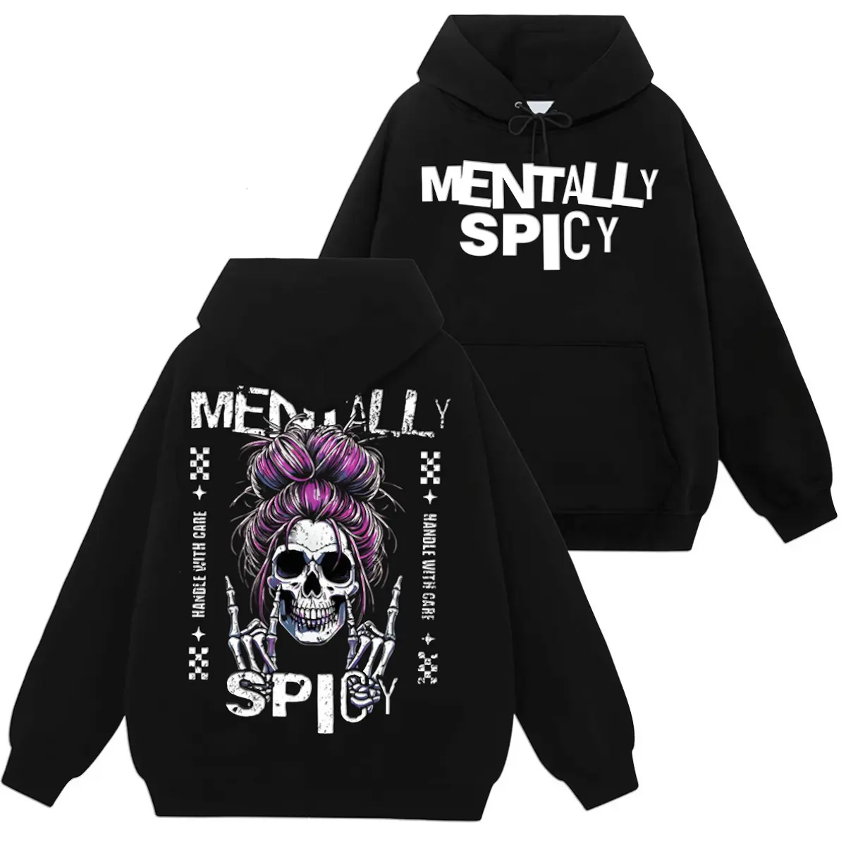 Unisex Long Sleeve Loose-Fit Cotton-Poly Graphic Pullover Hoodie Tops, Sassy Messy Bun Skull Print Sweatshirts, All-Seasons Casual Spooky Sports Outerwear Clothes, Soft Hand-Machine Washable Fabric