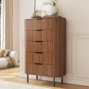 ONBRILL Fluted Dresser for Bedroom with 5 Drawers, 32 inch Chest of Drawers, Tall Dressers with Curved Profile Design for Closet, Wood TV Stand, Bedroom Furniture