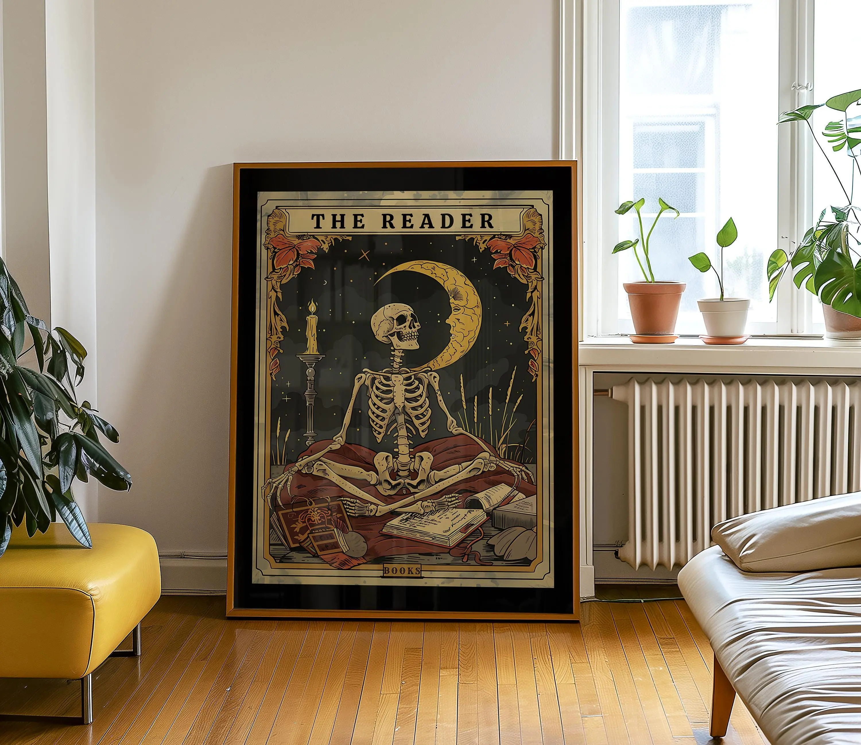 The Reader Tarot Unframe Poster, Skeleton Reader Tarot Card Wall Art, Book Lover Gift, Witchy Reading Nook Art, Bookish Witchy Library Decor, Green Witch Art