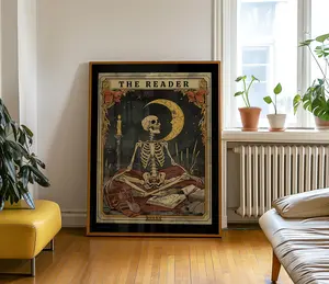 The Reader Tarot Poster, Skeleton Reader Tarot Card Wall Art, Book Lover Gift, Witchy Reading Nook Art, Bookish Witchy Library Decor, Green Witch Art