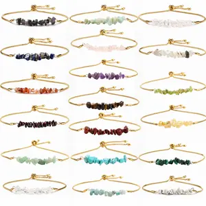 18 Pcs Natural Raw Crystal Chip Bracelet Set, 14K Gold Plated Adjustable Box Chain Healing Crystal Bracelets, Boho Spiritual Energy Jewelry for Women