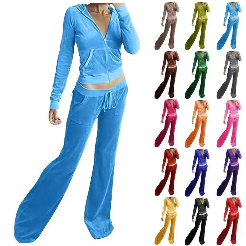 Women Velvet Jogging Suit Autumn Casual Velour Hoodie Cropped Top Jacket With Wide Leg Pants Tracksuits Women's Two Piece Set