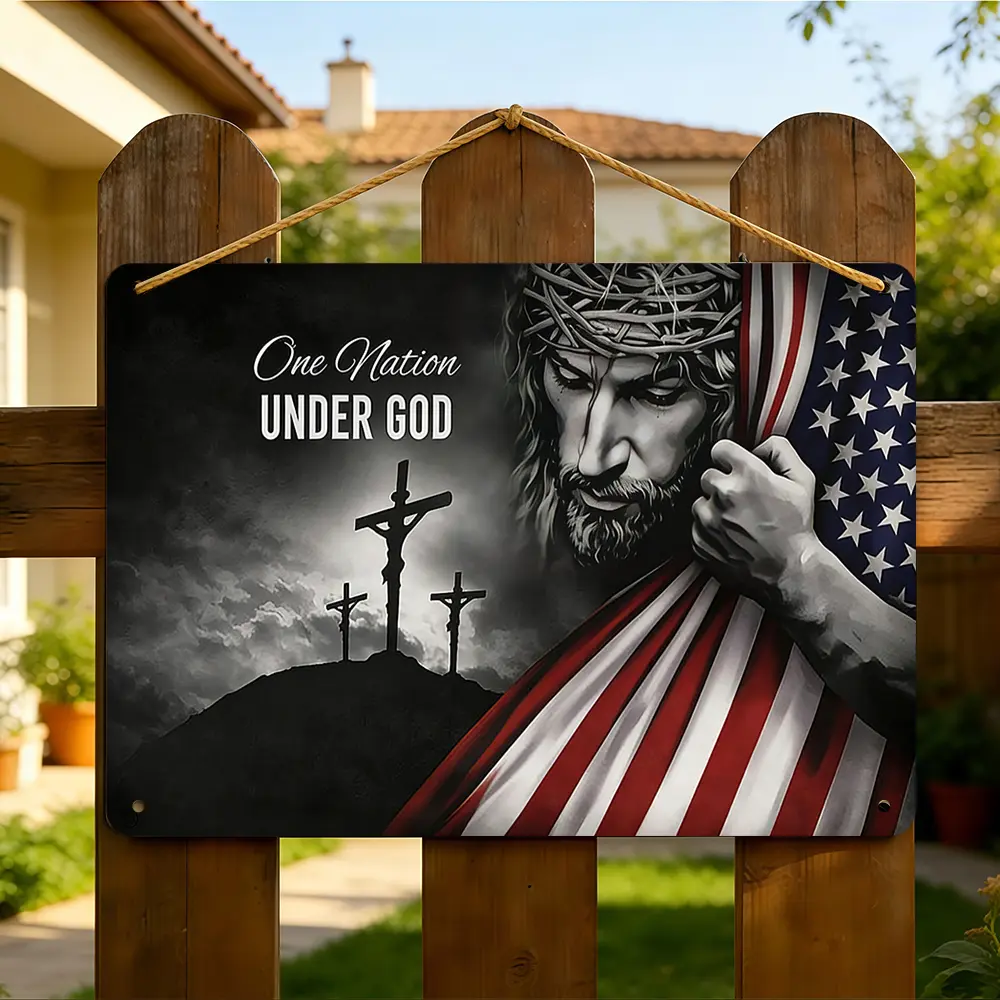 8x12 in Aluminium Metal Sign - 1 Nation Under God Jesus, American Flag & Calvary Cross - Patriotic Religious Wall Decor Plaque for Entryway - Retro Gift for Christians & Patriots,art decor