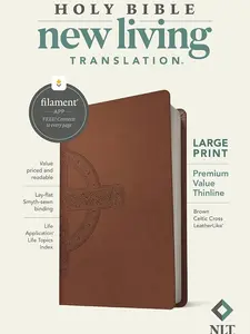 NLT Large Print Premium Value Thinline Bible, Filament Enabled (LeatherLike, Brown Celtic Cross) Imitation Leather – Large Print
