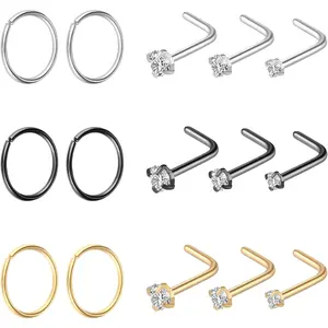 Nose Rings Hoops L-shaped Nose Studs Set 15 count 22G 20G 18G Stainless Steel CZ Nose Ring Studs   for Women Men(, , Black)