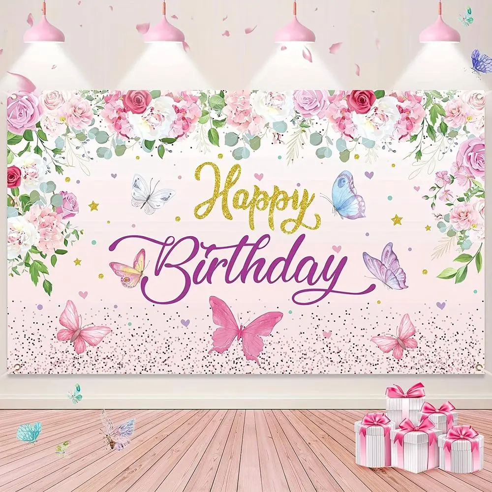 Reusable Pink Polyester Butterfly Print Banner - Feminine Party Backdrop Decoration, Indoor/Outdoor Ceremony Wall Decor for Women’s Home Festive Supplies (Highlights Reusability)