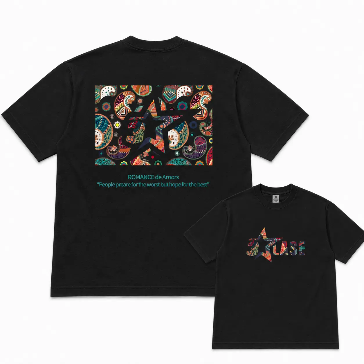 Viral Streetwear Essential – Men’s Oversized Paisley Star Graphic Cotton Tee with Bold Front & Back Print