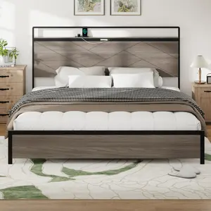 King Size LED Bed frame, wooden platform bed frame with storage LED light headboard and 2 USB, no noise, no spring mattress required and simple assembly tools, large underbed storage, Antique Grey
