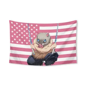 Inosuke Hashibira Tapestry American Flag Anime Demon Slayer: Komatsu No Yaiba Funny Tapestries Durable Man Cave Wall Flag for College Dorm Room Decor Outdoor Party Banner Tree Design pink