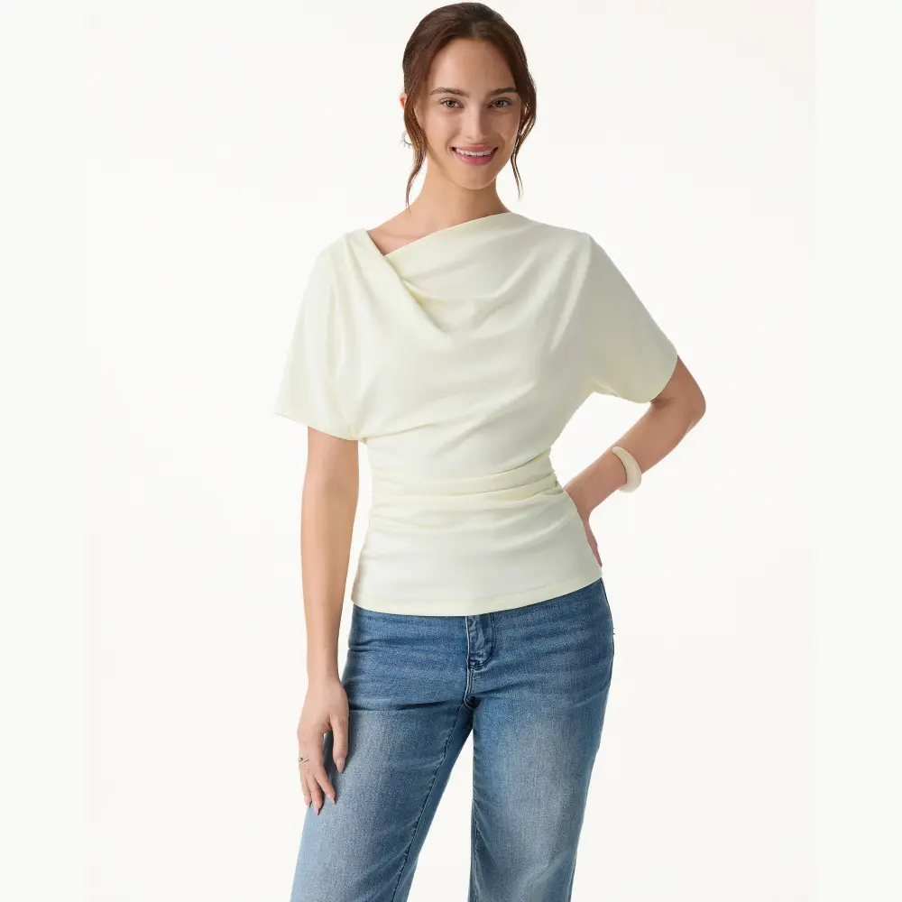 OGL Women's Basic Asymmetrical Cowl Neck-Boatneck Batwing Ruched Half-Sleeve Tee, Lady's Trendy Women's Clothes for Daily Wear TikTokShopSummerSale Tops Womenswear