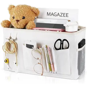 P-SBB032    Bedside Caddy Bedside Organizer Hanging Storage Bag for Bunk College Dorm Bed and Hospital Beds with Magazine Water Bottle Phone Holder (White)