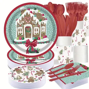 New 150 Pcs Gingerbread Party Paper Dinner Plates Tablewares and Napkins for Christmas Holiday and Winter Party 25 Set Gingerbread Cookies Gumdrops and Peppermints Party Plates Perfect for Christmas Holly Party US Express Delivery Disposable
