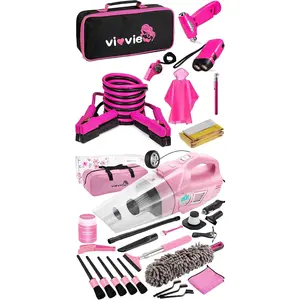 Pink Car Cleaning Kit and Roadside Emergency Car Kit, 21PCS Car Detailing Kit Interior Cleaner with 4-In-1 Handheld Car Vacuum Cleaner, Pink Car Emergency Kit with Jumper Cables vioview