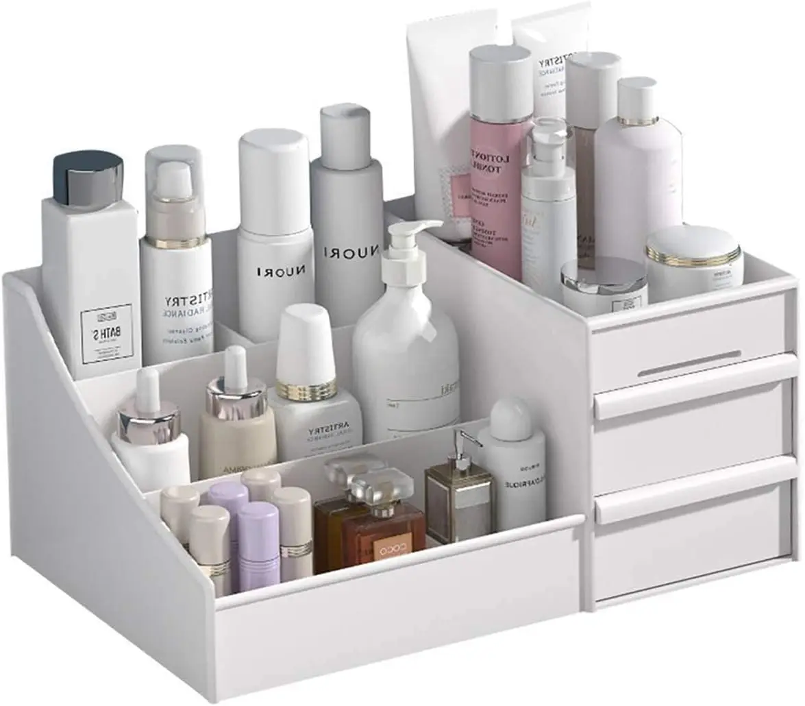 Skin care organizer,Makeup Desk Organizer With Drawers,Countertop Organizer for Cosmetics,Vanity brush with Holder for Lipstick, Brushes, Eyeshadow, and Jewelry Desktop Finishing Dresser (White)