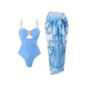 Blue Starfish Decorated 1pc Swimsuit with Beach Towel Set, Fresh Blue And White, Tummy-covering And, Cut-out Sexy Swimsuit,spring glow,mesh top