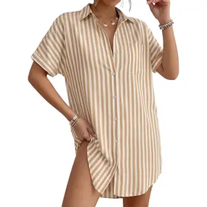 MANGOPOP Swimsuit Coverup for Women Striped Bathing Suit Cover Up Button Down Shirt Beach Cover Ups Dress 2026 Summer Outfits