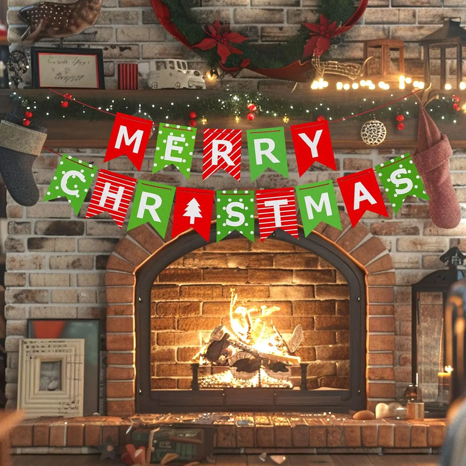 Merry Christmas Banner Red Green Xmas Decorations Paper Sign with String for Fireplace Wall Window Christmas Home Office Party Holiday Decoration