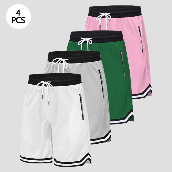 Men&rsquo;s casual athletic shorts with zippered pockets, breathable polyester fiber, elastic waistband, available in multiple colors; basketball shorts and sportswear suitable for running, training, and fitness.