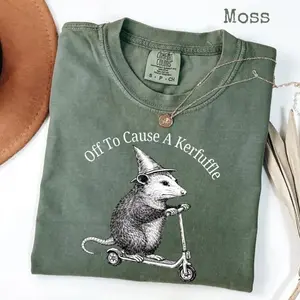 Comfort Colors Off To Cause A Kerfuffle T-Shirt, Funny Opossum Scooter Graphic Tee, Sarcastic Humor Shirt, Cute Animal Lover Gift