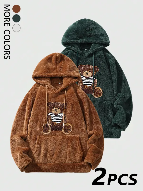 Men’s winter fleece-lined thick warm polar bear hooded sweatshirt, cold-resistant casual loose-fit versatile top