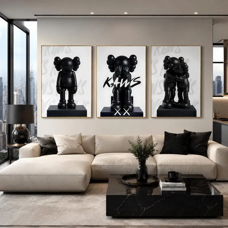 Black Kaws Wall Art Poster Print Unframed Set of 3, Hypebeast Room Decor, Emotional Companion Prints, Kaws Room Aesthetic Posters, Black White Kaws Decor