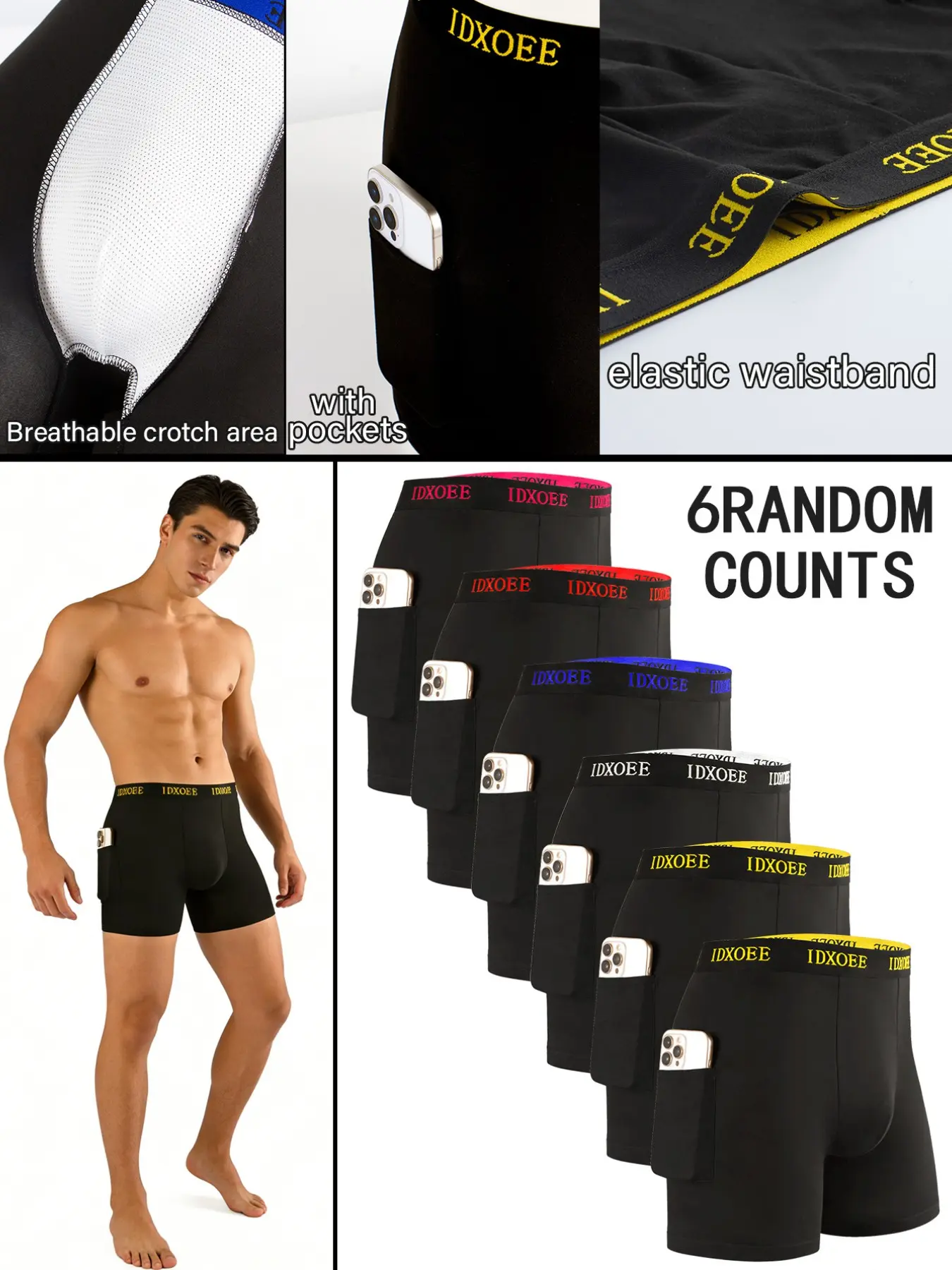 6 pcs Men's long style flat cornered underwear, soft, comfortable-durable, Soft Breathable Underwear, men's Stretchy Sports Underwear with contour pockets, suitable for daily fitness, running, home wear, all seasons, Sporty Underwear