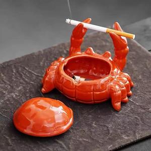 cute crab design ashtray with lid, 1 count ceramic material creative multifunctional ashtray, decorative ornament for home office decoration, lighter, bright orange, home decor, statues, shelf decor