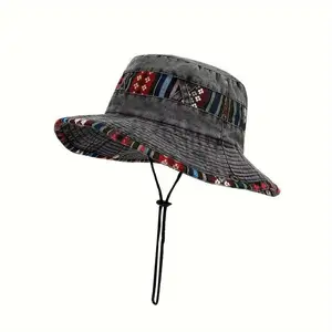 Men's Outdoor Sun Hat with Drawstring, Polyester 100% Woven Sporty Style Bucket Hat for Camping, Fishing, Sun Protection