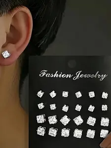 Fashion Zircon Heart Round Square Stud Earrings Set, Unisex Jewelry for Men Women, Perfect Gift for Boyfriend Girlfriend Graduation